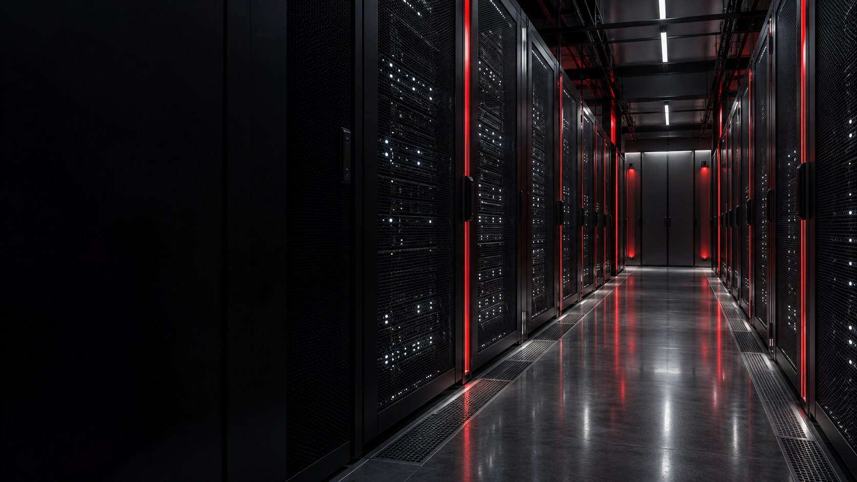 Representação conceitual de um corredor de data center em grafite e vermelho